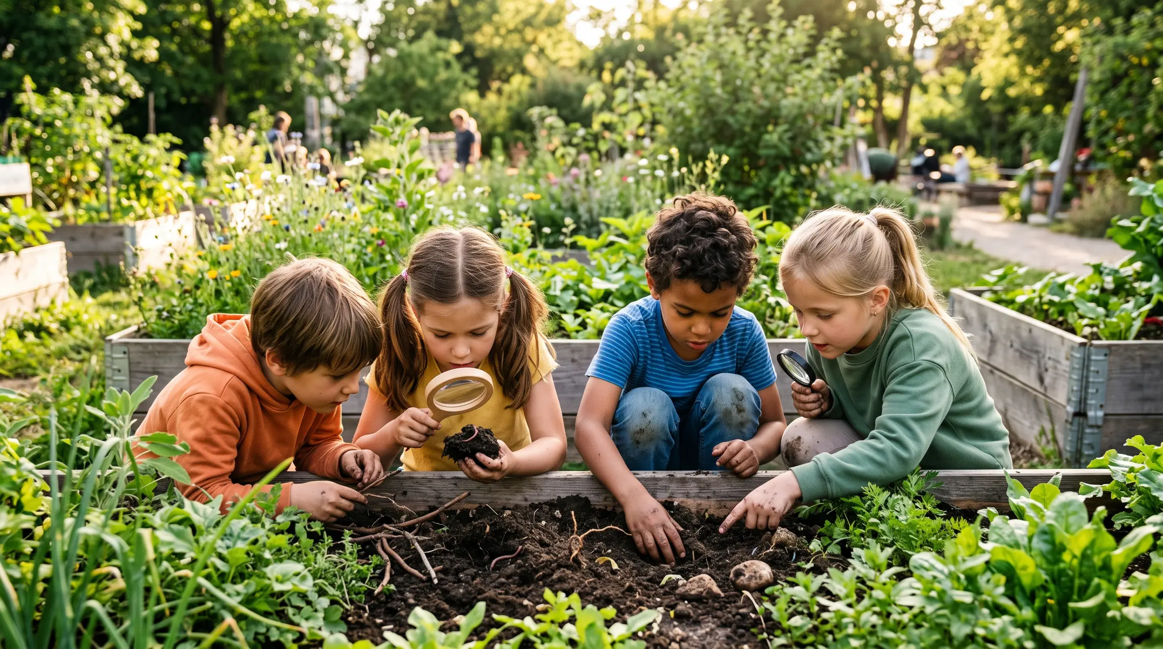 Kinder untersuchen draußen mit Begleitung Pflanzen und Materialien aus der Natur
